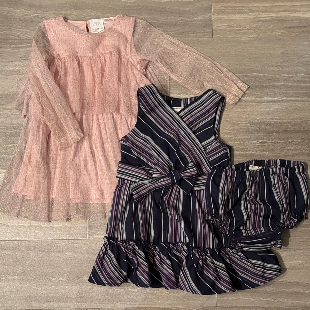 Little Girls Dresses Lot- Habitual Striped Ruffled & Zara Tiered Pink Sparkle
